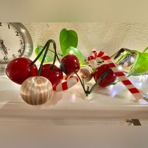 2 VTG Christmas Sprays Spun Satin Balls Ornaments Plastic Apples Candy Canes